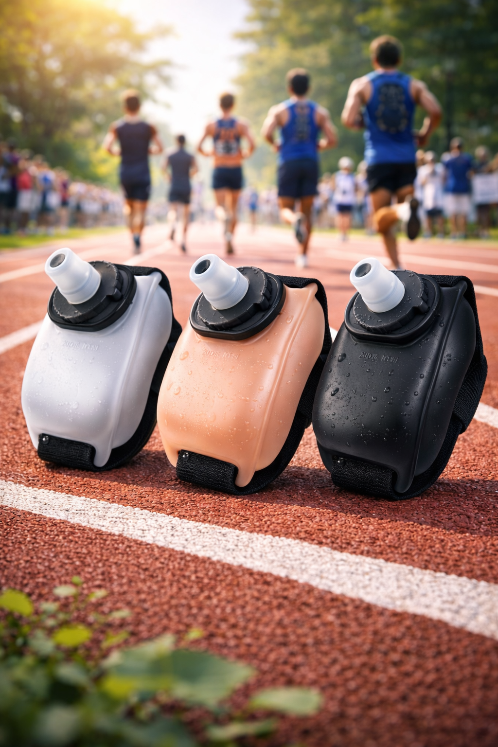 HydraRun wrist water bottles placed on running track