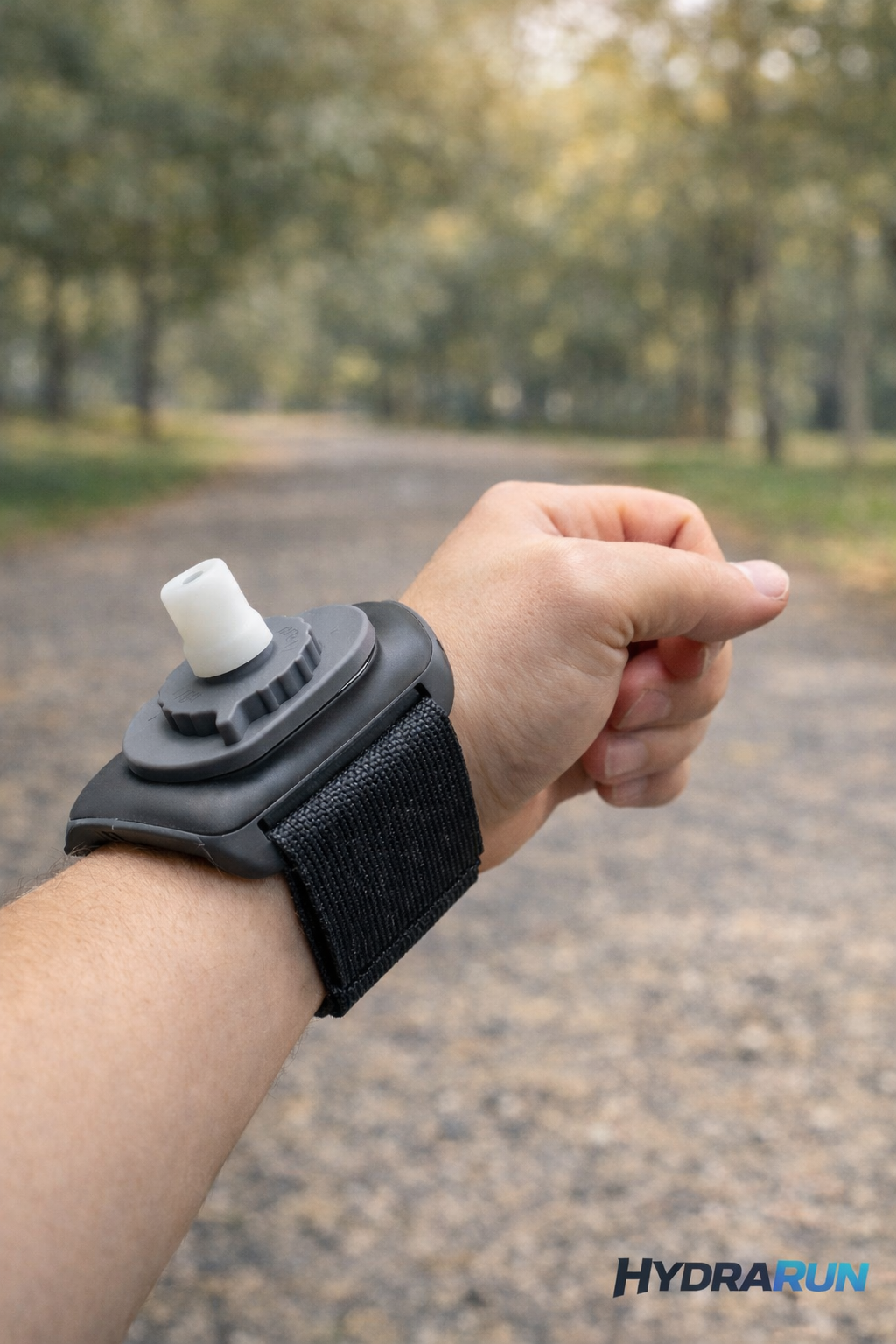 HydraRun wrist water bottle worn while outdoor running