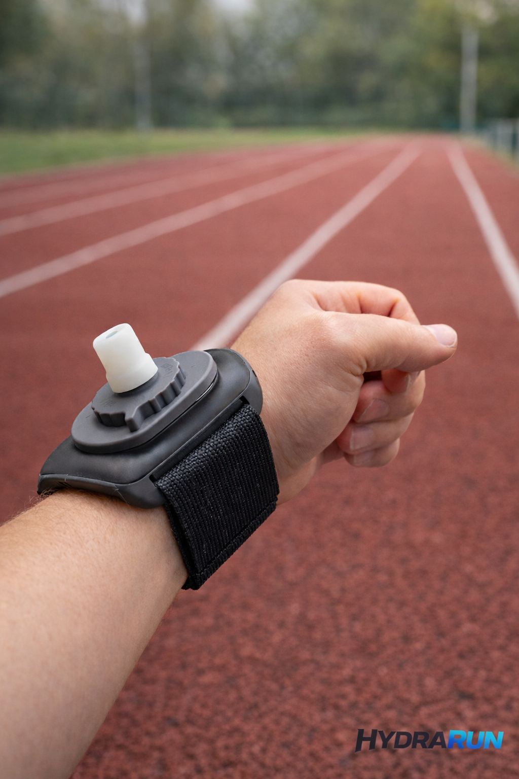 HydraRun hands free wrist water bottle worn while running on a track