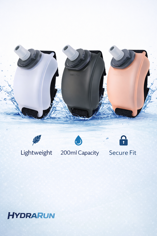 HydraRun wrist water bottle for running showing product features and colours
