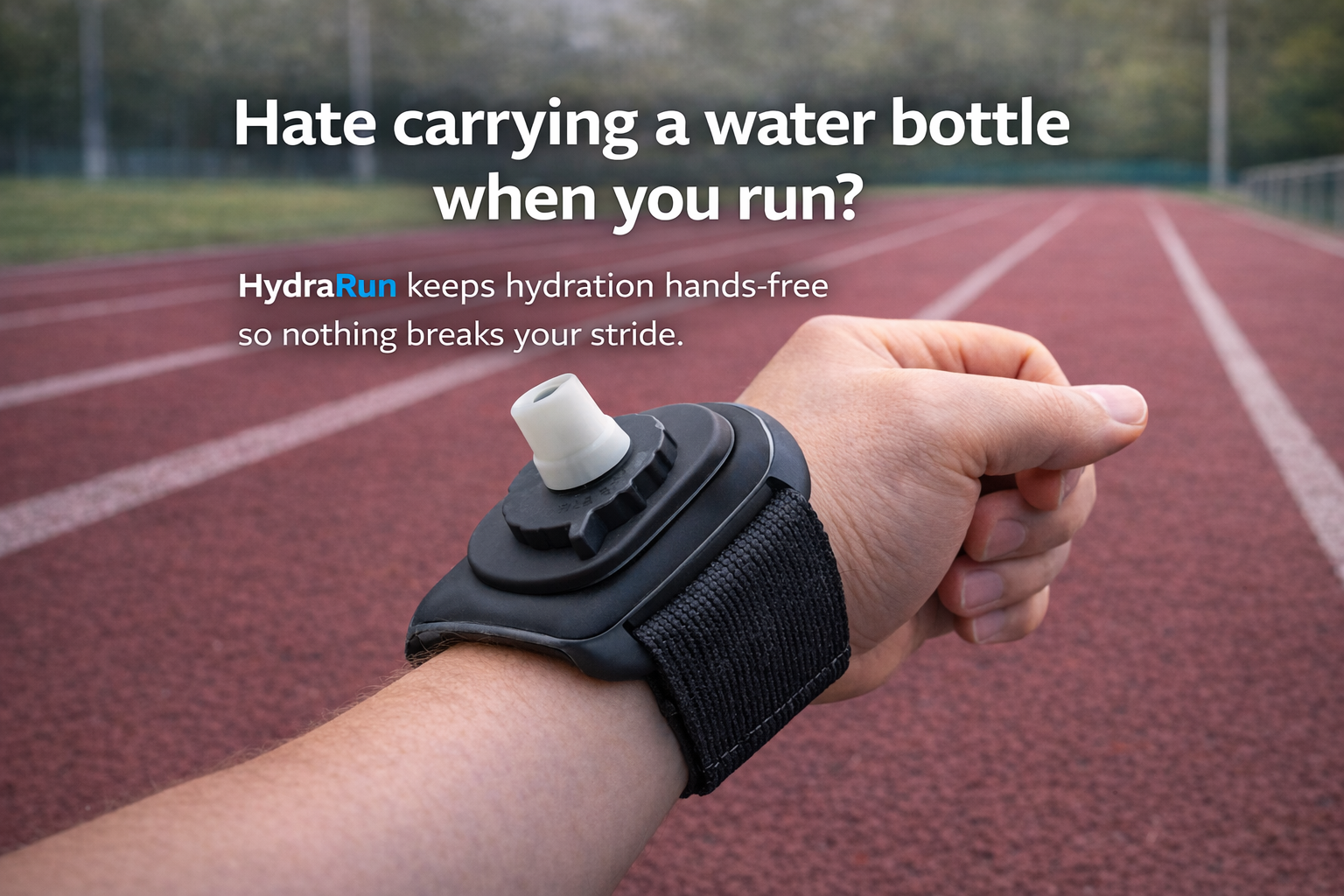 HydraRun wrist water bottle on running track
